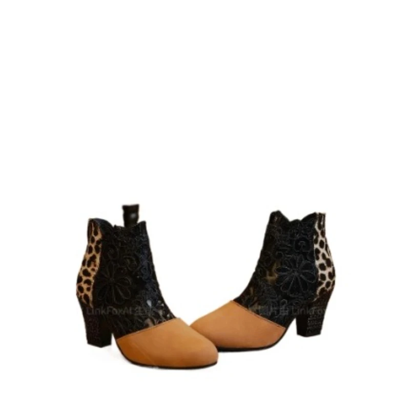 Tacchi alti Moda Donna Stivaletti Designer Inverno Stampa leopardata Ritaglio in pizzo Patchwork Scarpe da donna Décolleté robusti Stivali da donna