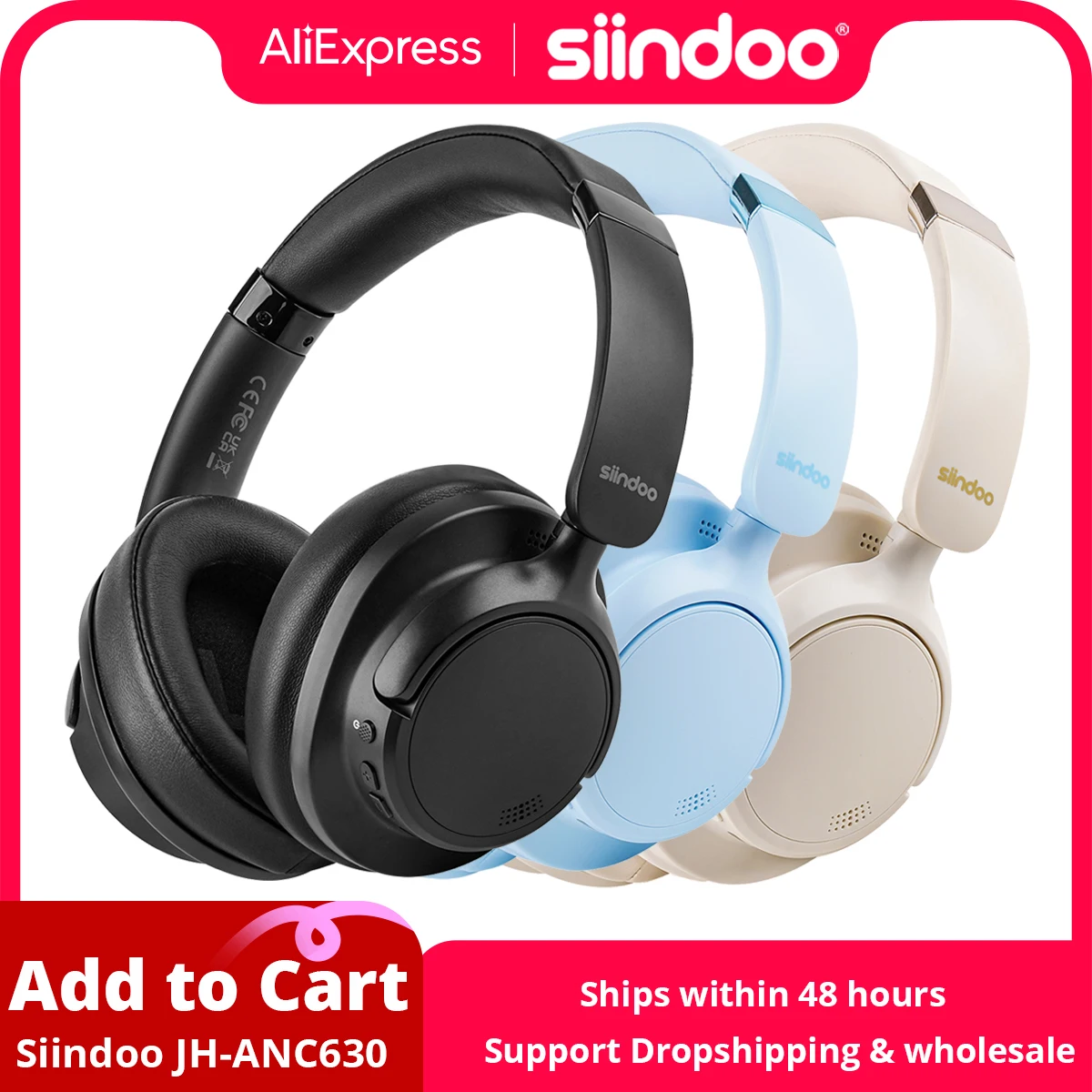 Siindoo Newest Active Noise Cancelling JH-ANC630 Wireless Headphones Over Ear Bluetooth earphones with Mic 70H Playtime