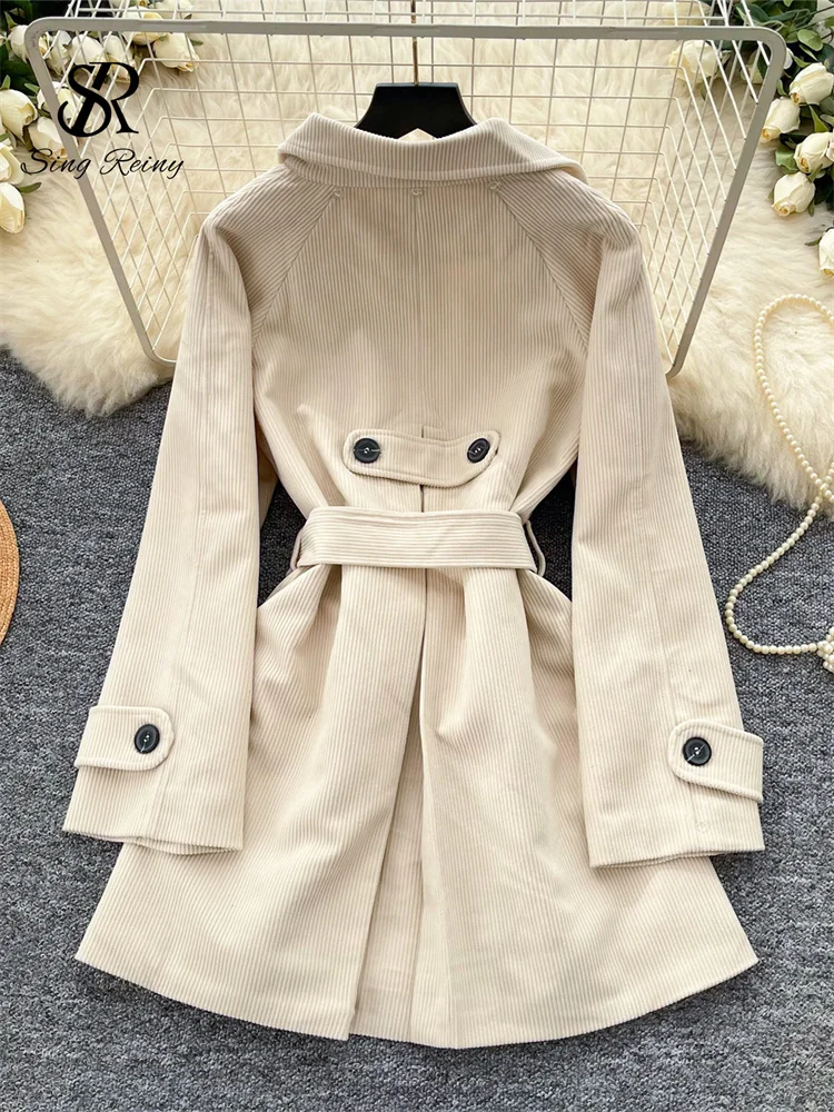 French Corduroy Elegant Windcheater Autumn WinterCotton-Padded Lapel Sashes Coat Female Warm Chic Commuting Outerwear