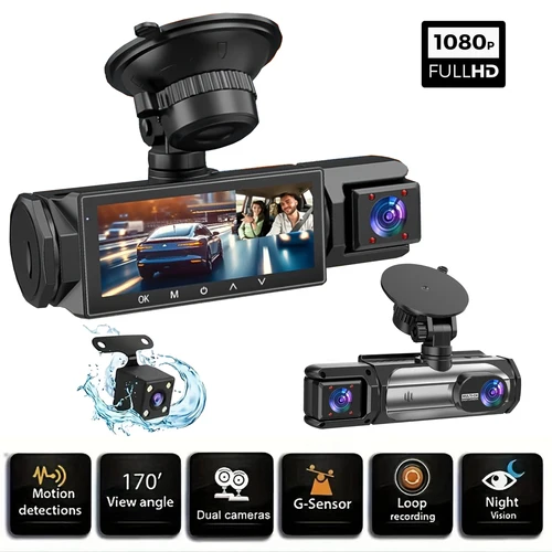 3 cámaras Dash Cam 1080P cámara de visión frontal y trasera visión nocturna monit de estacionamiento coche DVR 3 vías grabadora de vídeo de coche con regalo