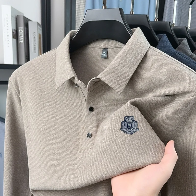 Men's Autumn Winter Fashion Embroidered Polo Shirt Skin Friendly Solid Color Long Sleeve T-Shirt Daily Comfort Office Men's Wear