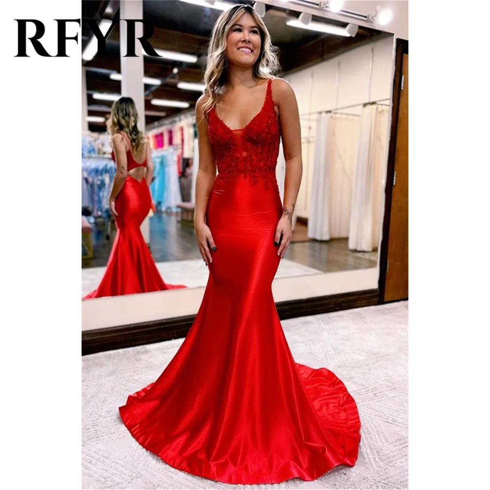 RFYR Red Prom Dress Sweetheart Sleeveless Evening Dresses Trumpet Satin Party Dress With Appliques Lace Backless Robe De Soirée