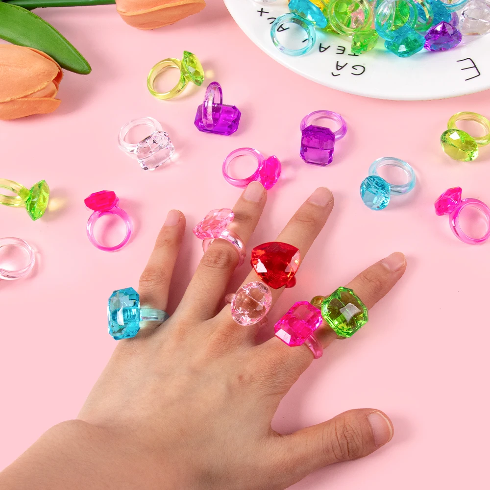 20/40pcs Plastic Colorful Gem Rings Toys for Kids Bulk Toy Diamond Ring Princess Ring Dress Up Favor Kid Birthday Party Supplies