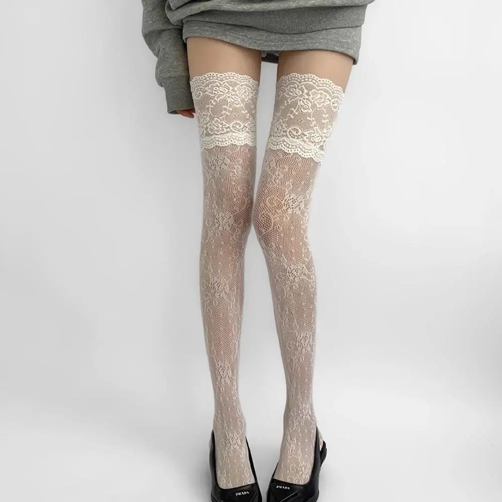Fishnet Thigh High Stockings Thin Ultra Wide Lace Stockings Women Sexy Mesh Transparent Non-slip Thigh High Stocking Long Socks