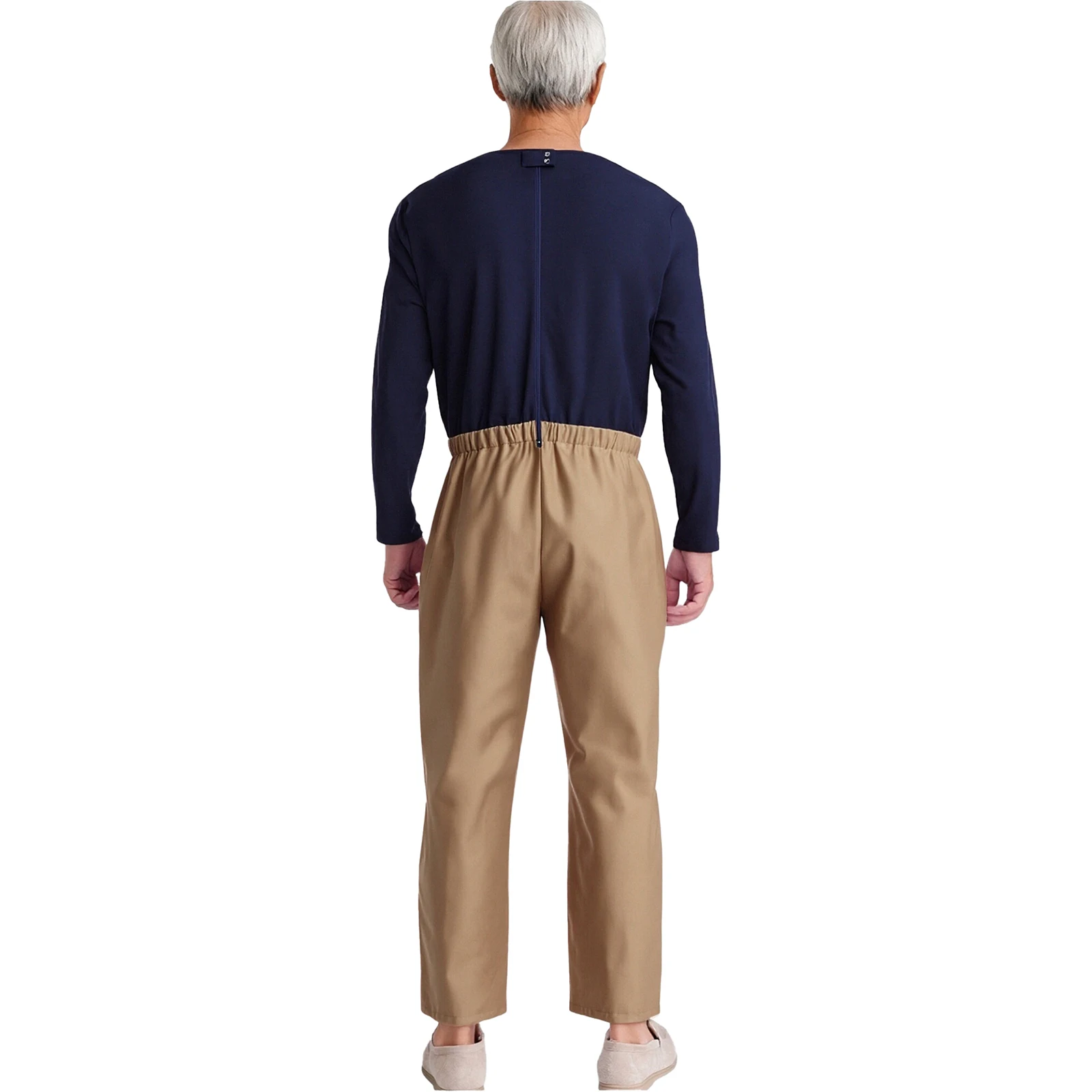 알츠하이머 환자 및 노인 돌봄을 위한 남성용 적응형 점프수트 컬러 블록 디자인 라운드 넥 긴팔 백 지퍼 롬퍼