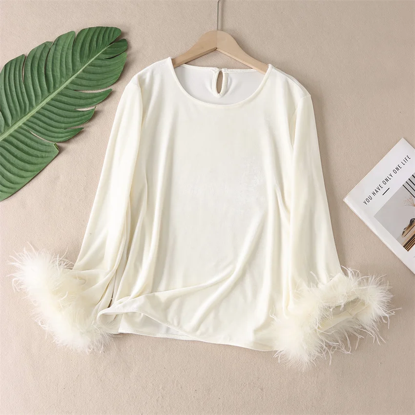 

New Women Long Sleeve Blouse Elegant Lady Pufferbird Feather Gold Velvet Blousas Short Shirt Bottomings Pullovers Fairy WZ2532