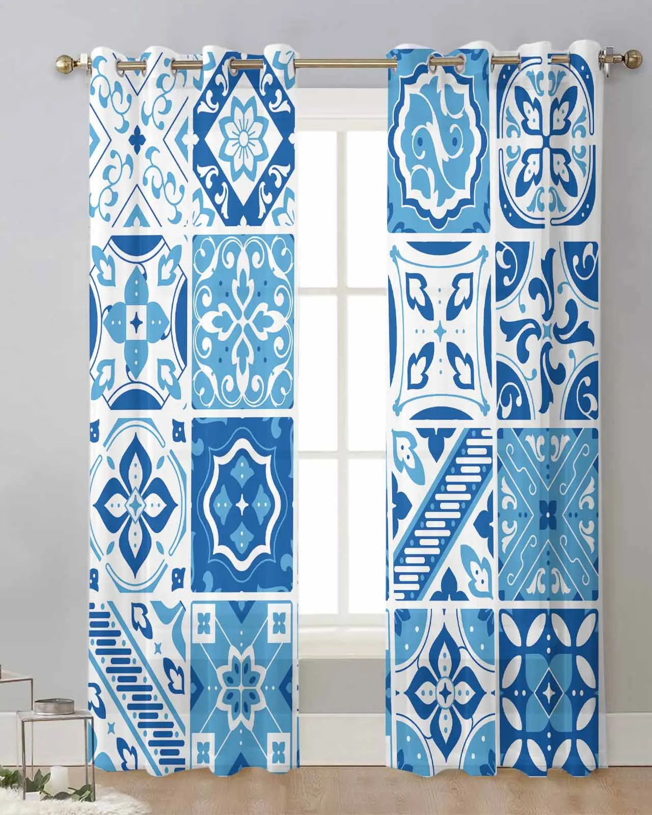 Ceramic Tile Pattern. Mediterranean Floral Decorative Patterns. Square Flower Blue Mosaic Curtains for Kitchen Room Curtain Home