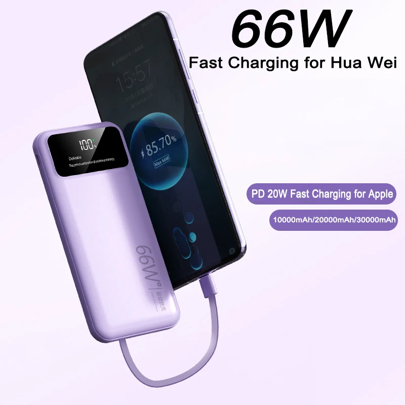 Portable Power Bank 30000mAh Built in Cable 66W Super Fast Charging Spare battery Charger for iPhone15 14 13 Xiaomi 14 powerbank