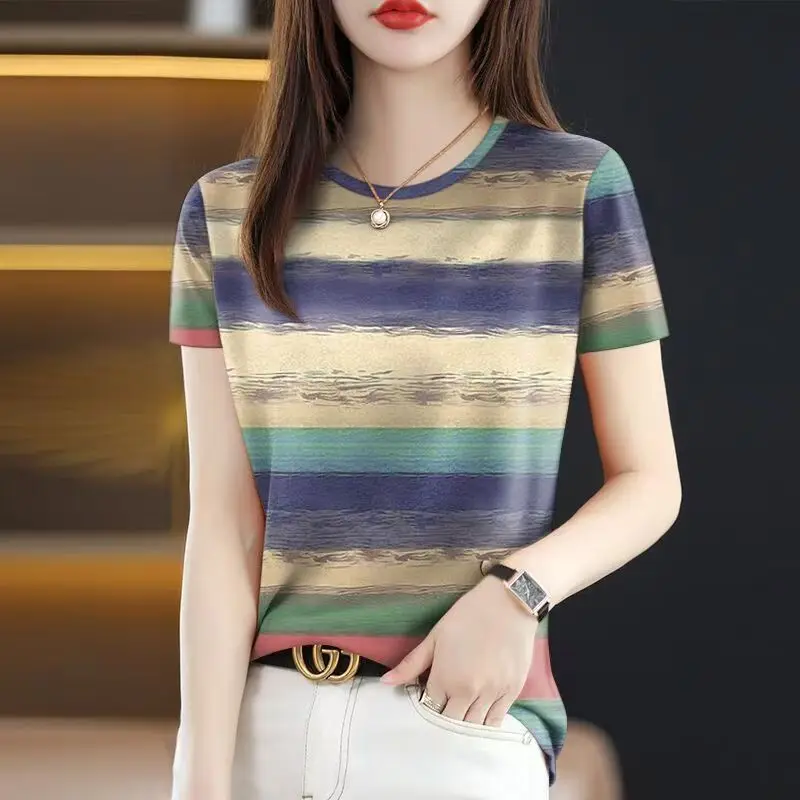 New Summer Round Neck Short-sleeved Outer Wear Rainbow Short-sleeved Fashionable Versatile Elegant Casual Top