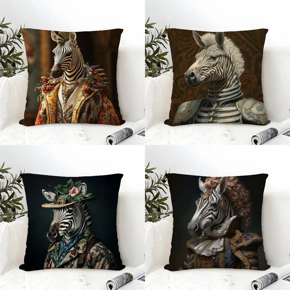 Zebra Dressed Up Portrait Cushion Cover Eco Linen Pillow Case Double-Sided Print Breathable Durable Zipper Home Decor Gift