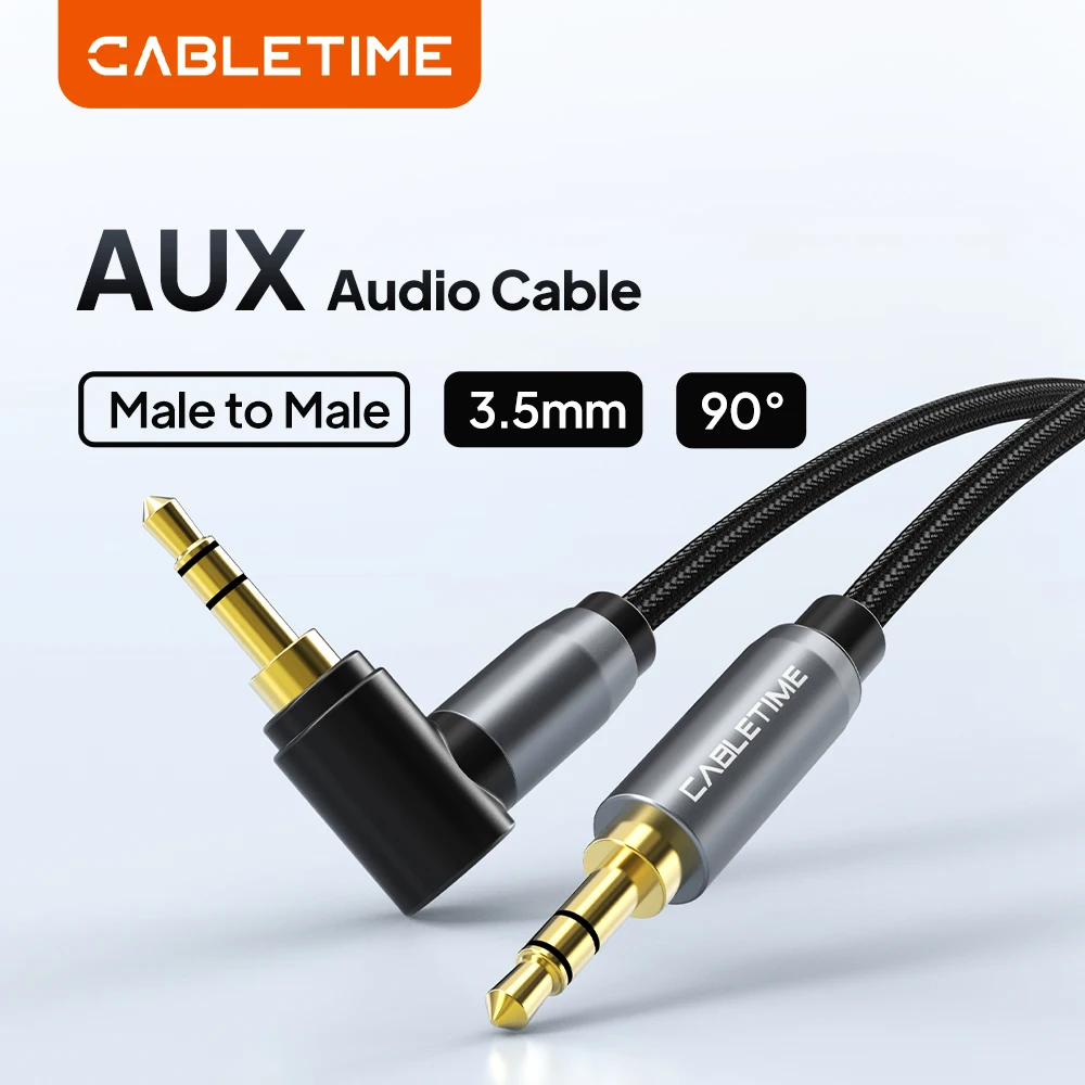 CABLETIME AUX Cable 90 Degrees Speaker-Line Audio Cable 3.5mm Jack Headphone Speaker Cable for Headphones Huawei Xiaomi Beats