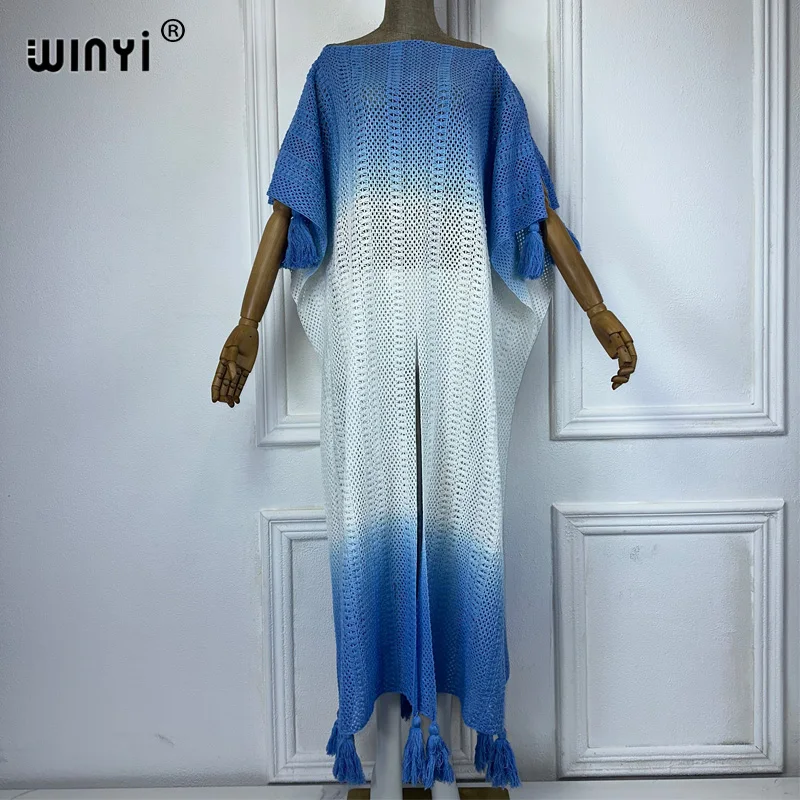 

WINYI Hollow knit tie-dye gradient dress Holiday sexy kaftan Elegant Africa party winter abaya for women cape long down dress