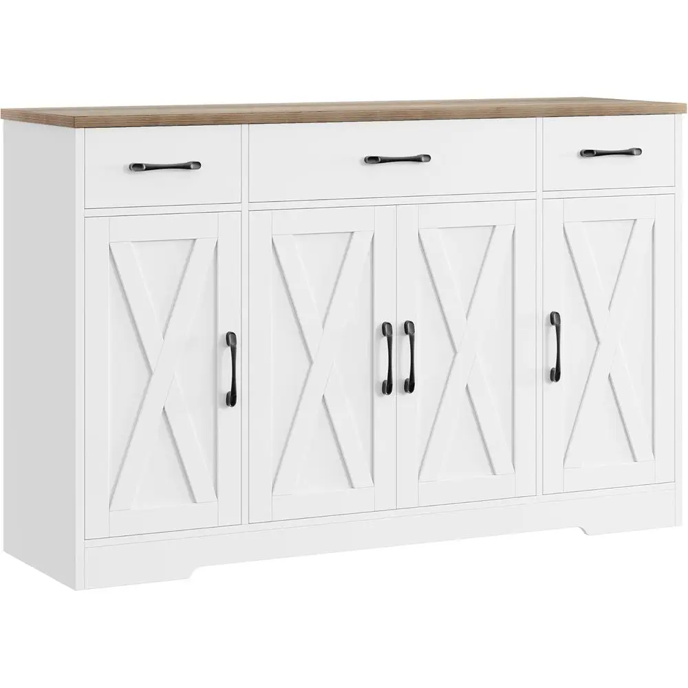 

Большой белый рустик-комод (55 дюймов) с местами для хранения, полками и кофейной станцией для кухни или столовой