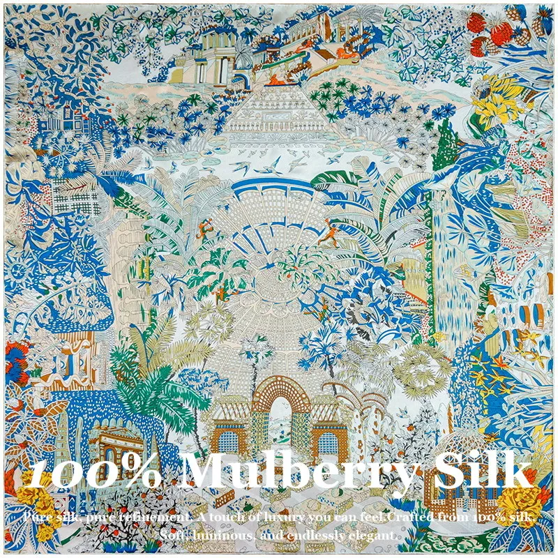 

110cm Large Square 100% Mulberry Silk Scarf Women Hand Rolled Real Silk Shawl Sun Protection Wrap Fashion Floral Hijab Scarves