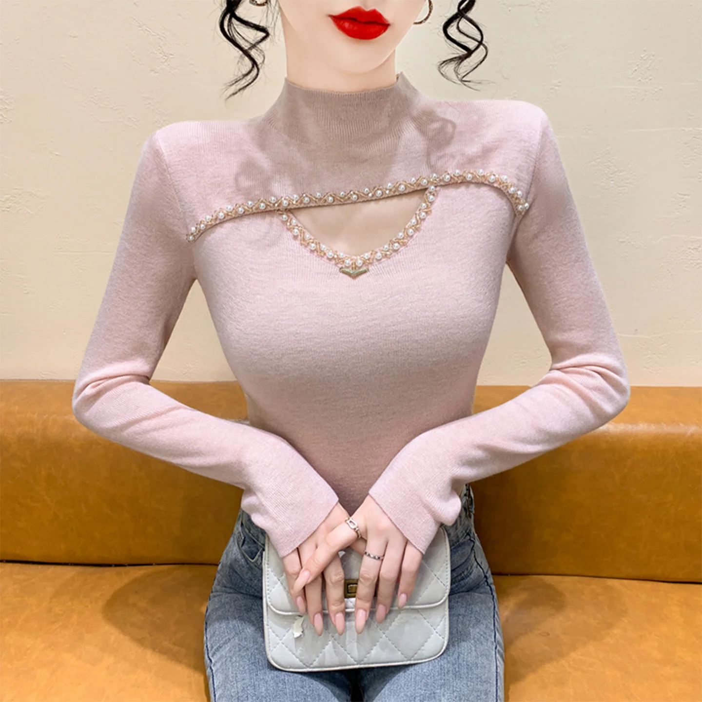 

Fashion Women Knitted Sweater Hollow Out Beaded Fit Autumn Winter Tops