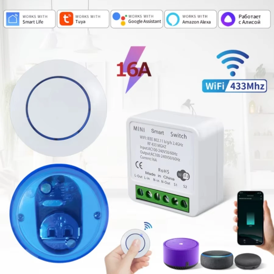 Tuya WiFi interruptor inteligente 16A RF433Mhz inalámbrico Mini interruptor de botón redondo asistente de Google Alexa activación de Control de voz