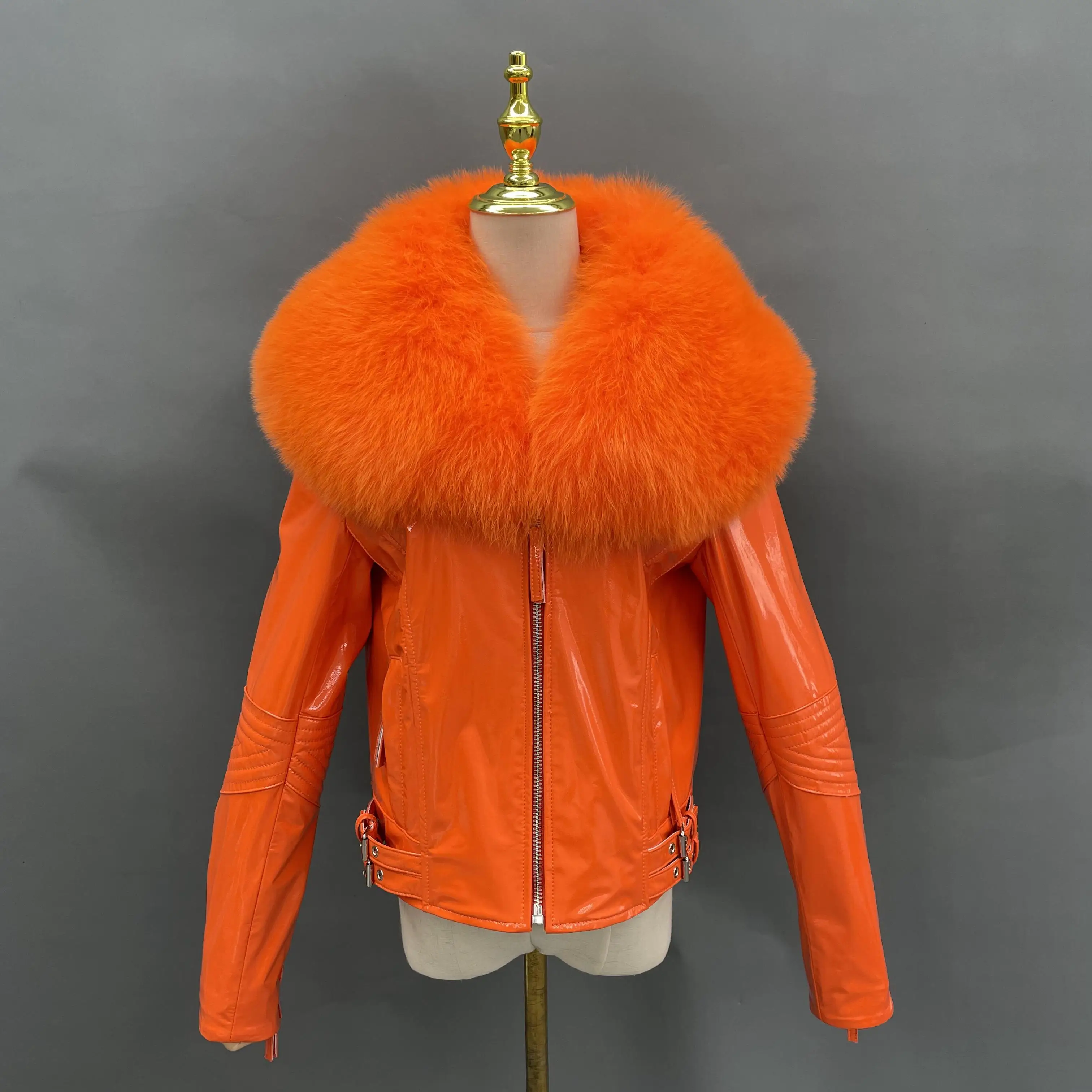 Janefur Company Fox Fur Collar Real Leather Jacket Women Shiny Patent Leather Coat