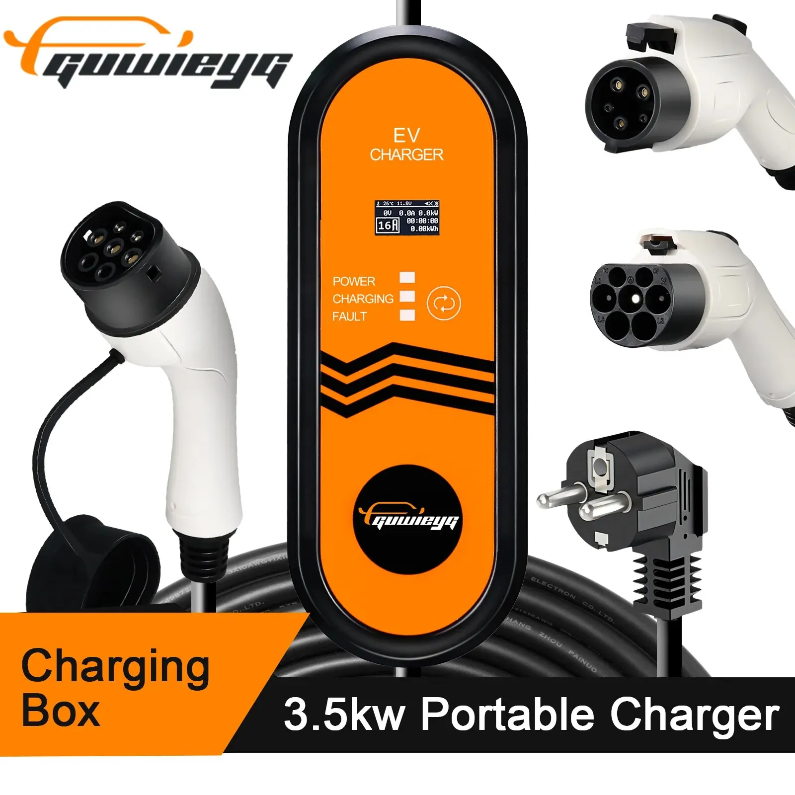 GUWIEYG Portable EV Charger 16A 1Phase 3.5kW 3.5m EV Charger Fit for Type2 / Type1 / GBT EVs With Schuko Plug EV Charging Cable