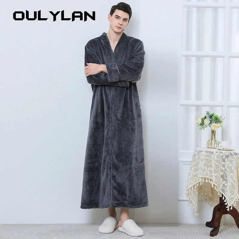 Autumn Winter Coral Velvet Nightgowns Mens Loose Large Size Extended Warm Velvet Padded Loungewear Flannel Padded Bathrobe