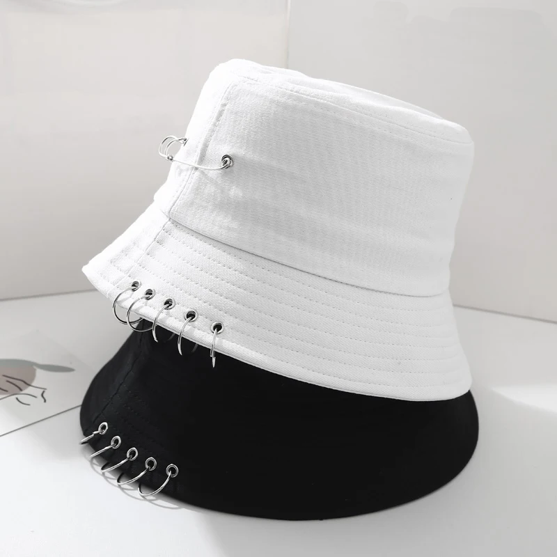 Fashion Brooch Hoop Women Bucket Hat Punk Hip Hop Black White Men Fisherman Cap Summer Casual Streetwear Panama Caps For Girls