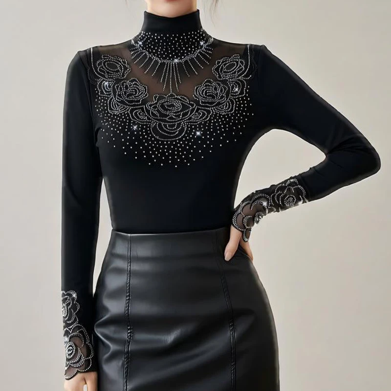 

2026 Hot Diamond High Collar Fashion Long-sleeved Slim Elegant and Versatile Style Hollow Out Lace Shirt Casual Female Mesh Tops