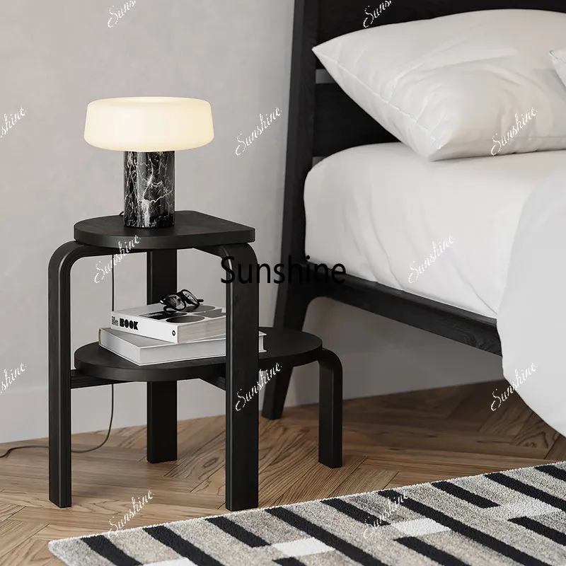 

Nordic vintage oak edge table with floral rack bedside table, black
