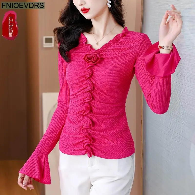 New Year Office Shirts Basic Wear New Design Women Retro Vintage Autumn Spring Work Lady Romantic Solid Ruffles Tops Blouses