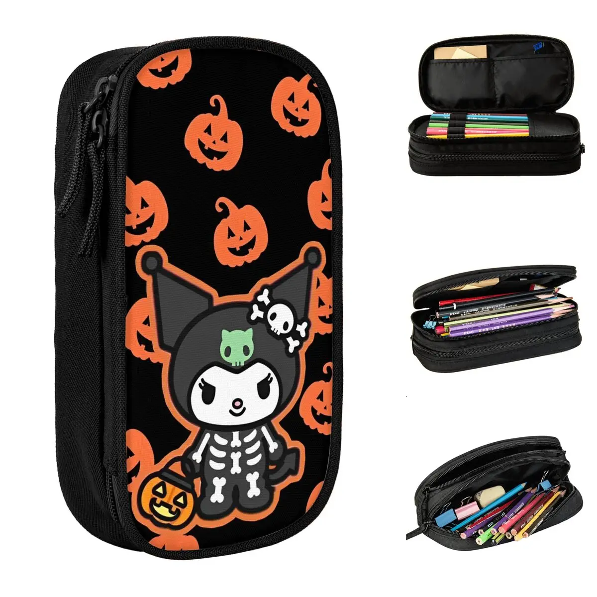 Fashion Kawaii Kuromi Halloween Pumpkin Pencil Case Skeleton Cartoon Pencilcases Pen Holder Large Storage Bags Gifts Stationery