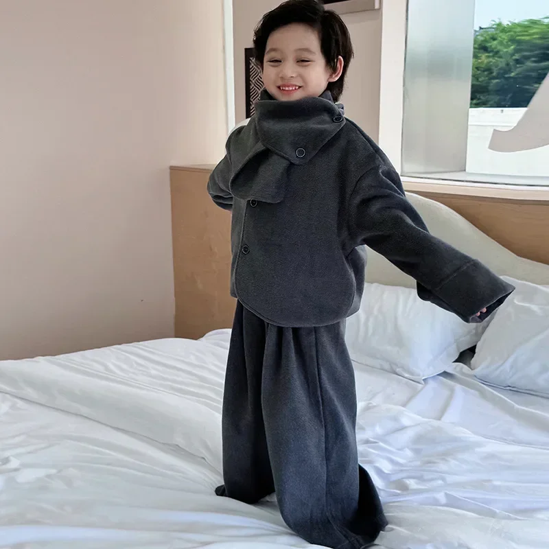 Children Clothes Fashion Set 2024 Autumn Winter New Boy Long-sleeved Top Coat Solid Color Casual Simple Woolen Two-piece Set