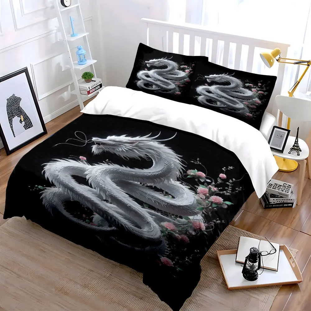 White dragon coiled among blossoms Bedding Set for Kids Luxury Gift 3pcs Digital Print Comforter Set Soft Comfortable 2