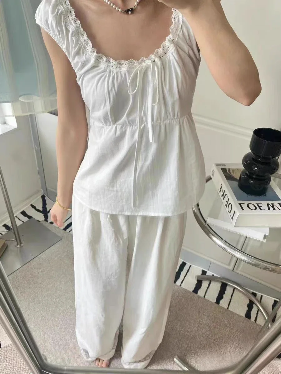 

Women Floral Lace Hem Casual Straight Pants Summer White Cotton Elastic High Waist Loose Pajamas Vintage Sweet Home Trousers