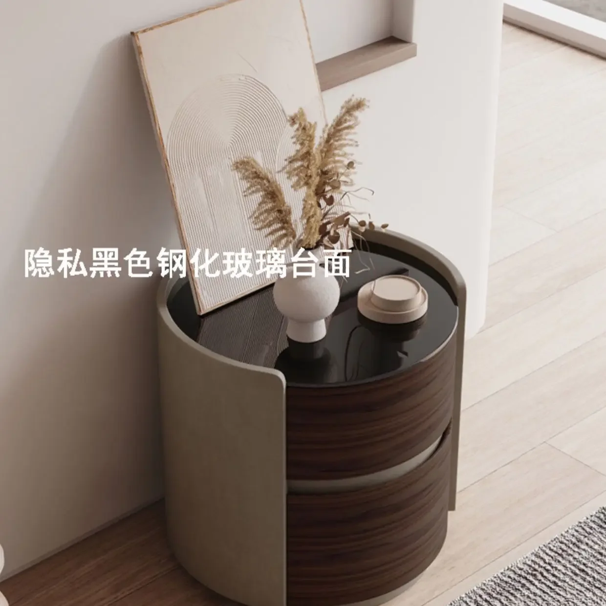 Italian style rock board bedside cabinet for storing household bedroom drawers, wireless charging, circular edge,leather bedside