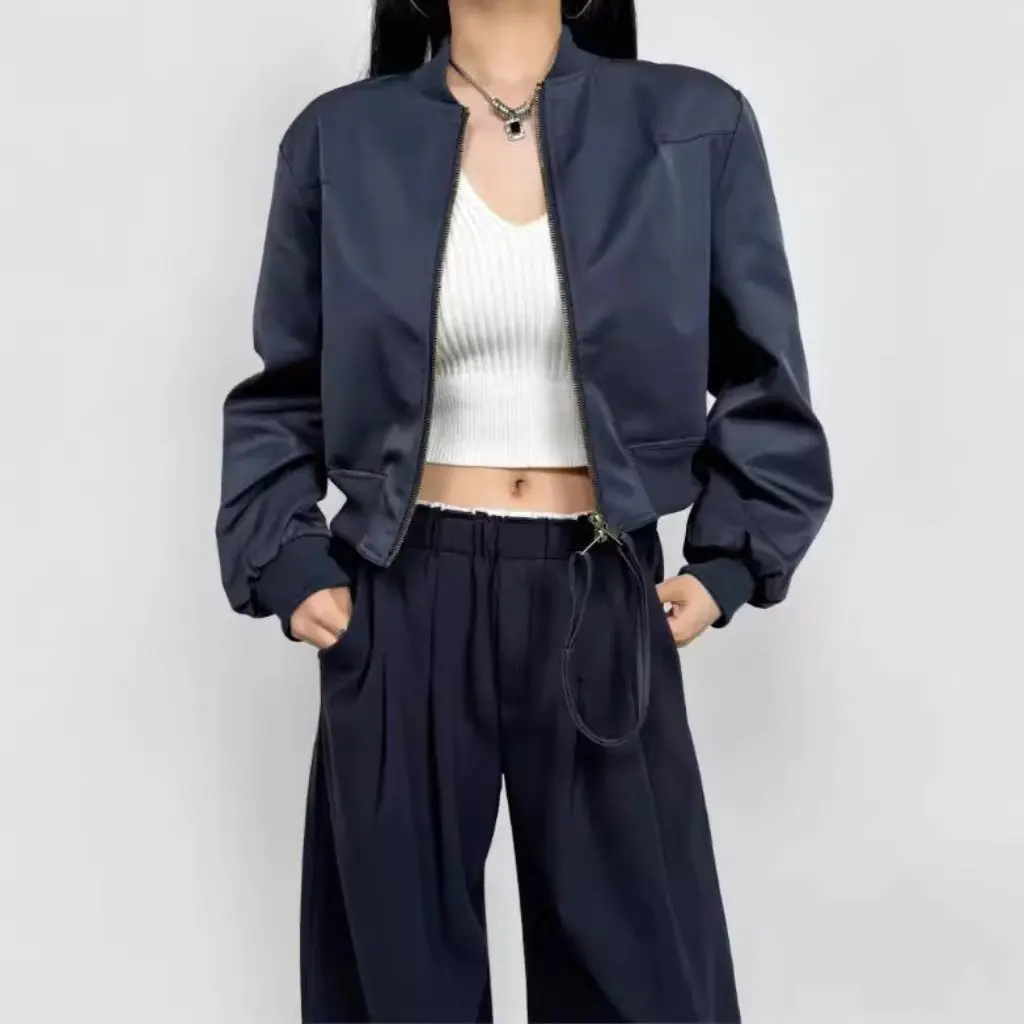 

Women's Threaded round Neck Double Zipper Baseball Jacket Long-Sleeved Casual Trendy Streetwear for Autumn New Style