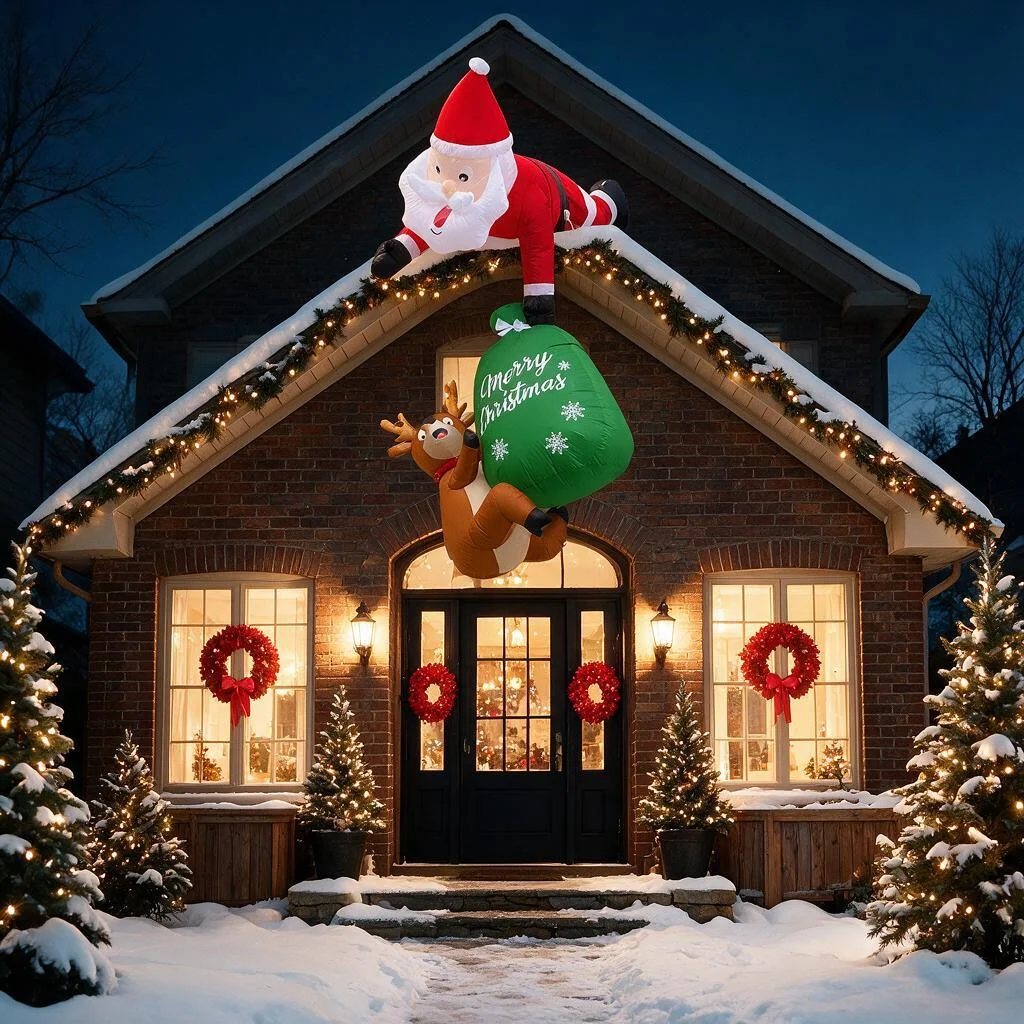 8Ft Inflatable Santa Claus Pulling Reindeer, Suitable for Christmas Parties, Banquets, Patios, Restaurants, and Roof Decorations