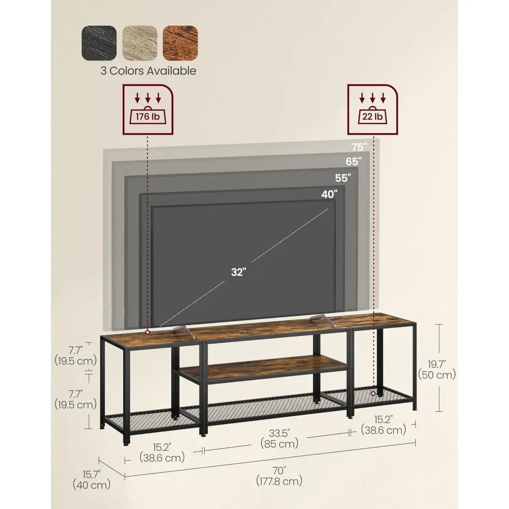 TVs up to 75 Inches, 3-Tier Entertainment Center, Industrial TV Console Table with Open Storage Shelves, for Living Room