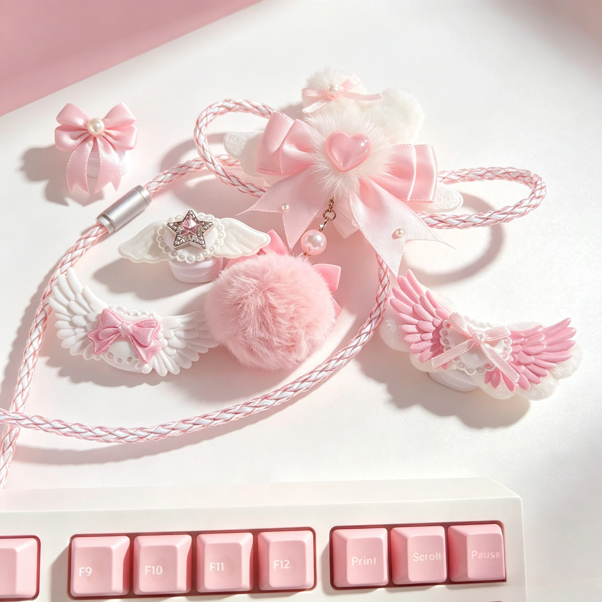 Cute Keyboard Cable Angel Keyboard Line 8K RGB Avaitor 1.3m Hand Knitting USB Type-C Magnetic Key board Decorative Accessories