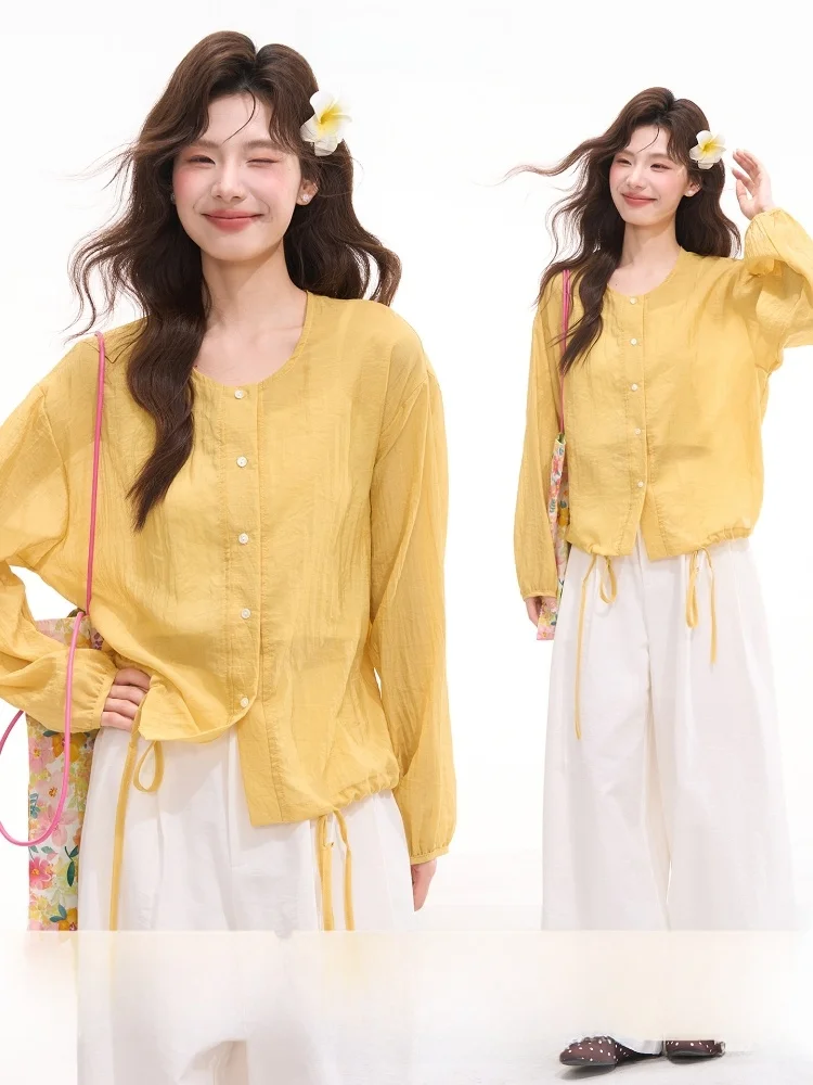 

Heme Flower Field Window Women's Long Sleeve round Neck Thin Shirt Jacket Spring Summer Casual Style Loose Fit Sunscreen Top