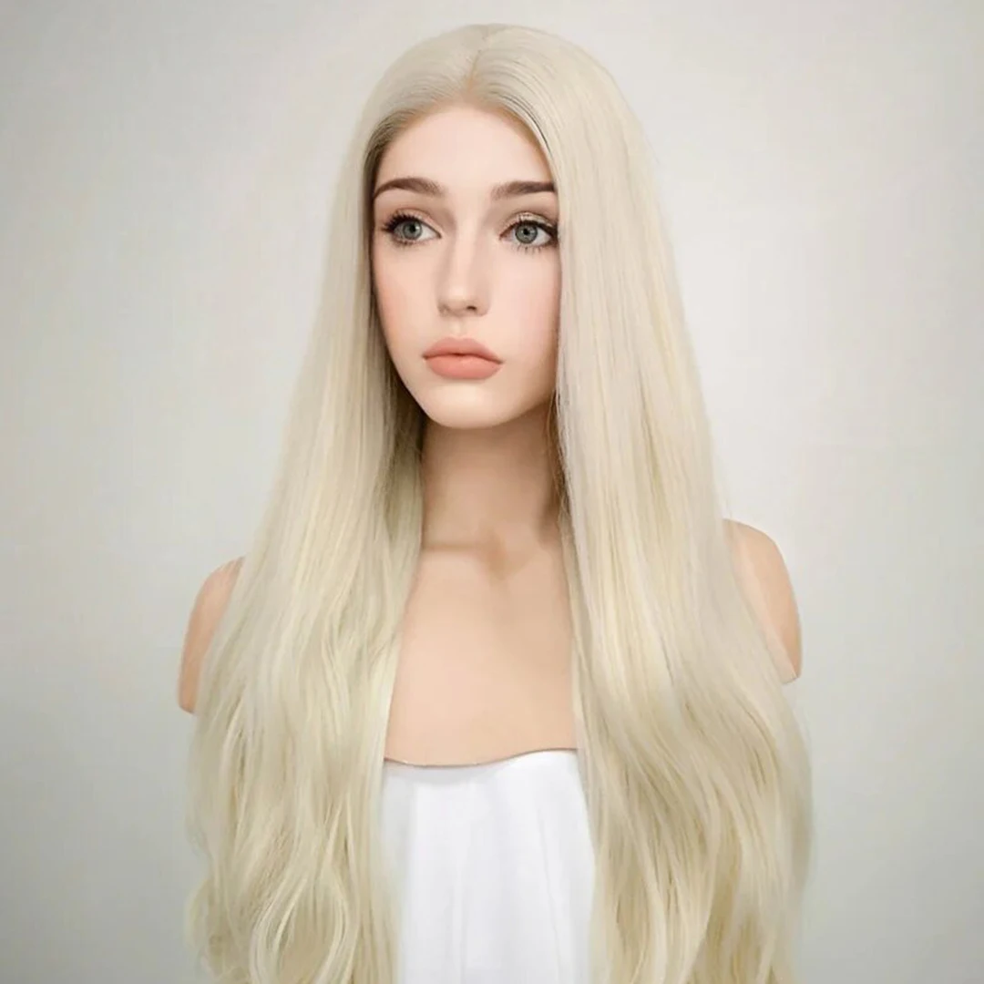 

Light Blonde Long Wavy Glueless Synthetic Hair Lace Front Wigs Natural Hairline Black Women Lolita Cosplay Wigs 26Inch Daily Use