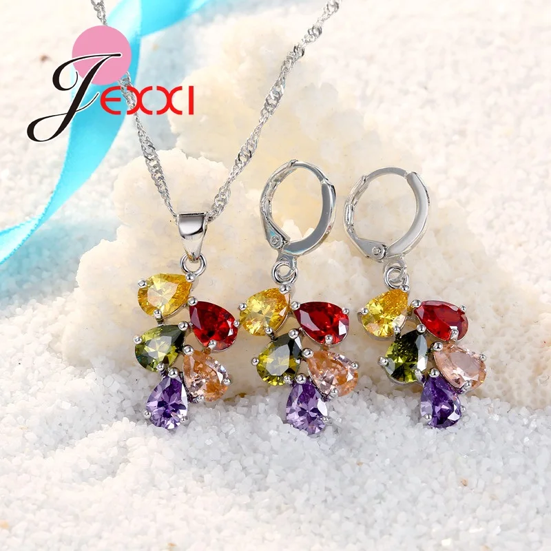 Wedding Bridal Jewelry Sets For Women Multicolored Water Drop Cubic Zircon Necklace Earrings Set Engagement Accessory