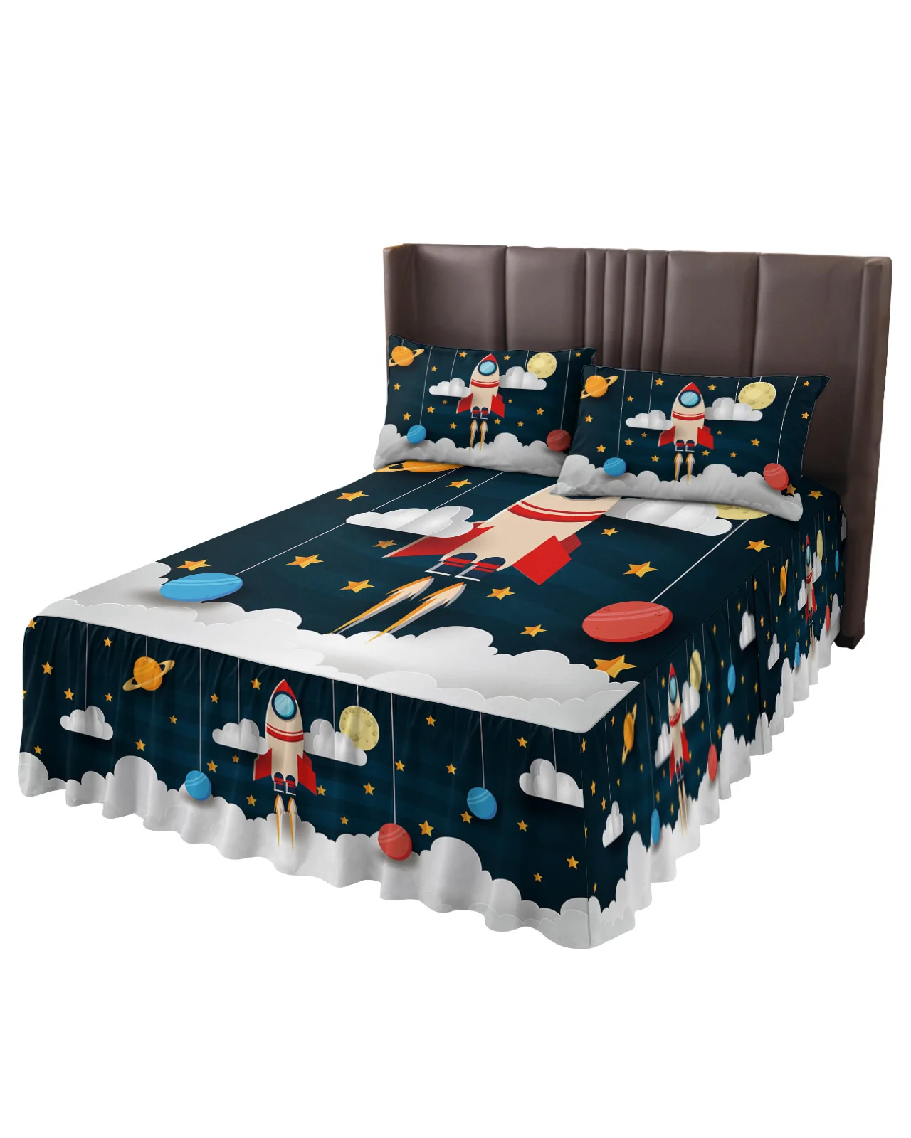 Outer Space Cartoon Cute Spaceship Rocket Bed Skirt Fitted Bedspread With Pillowcases Mattress Cover Bedding Set Bed Sheet