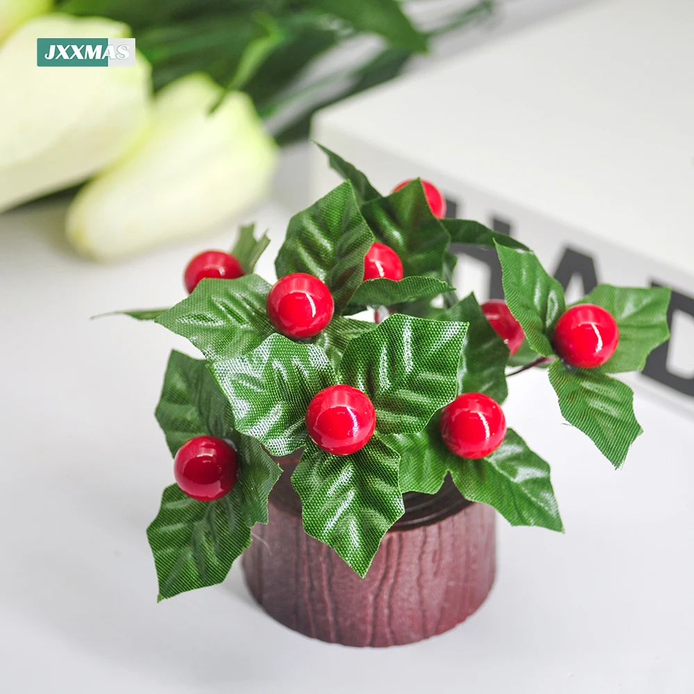 24PCS Künstliche Stechpalmenblatt Beere Rote Kirsche Kleine Frucht Seidenblume DIY Weihnachtssträuße Kranz Hochzeit Party Dekoration – Detail 6