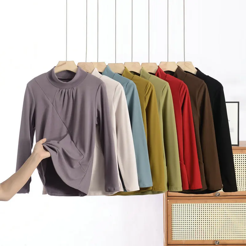 Plus size XL do 8XL MockNeck Folded Bottoming T-shirty z długim rękawem Kobiety Jesień Zima Slim Fit Tshirt podkoszulek Topy podstawowe