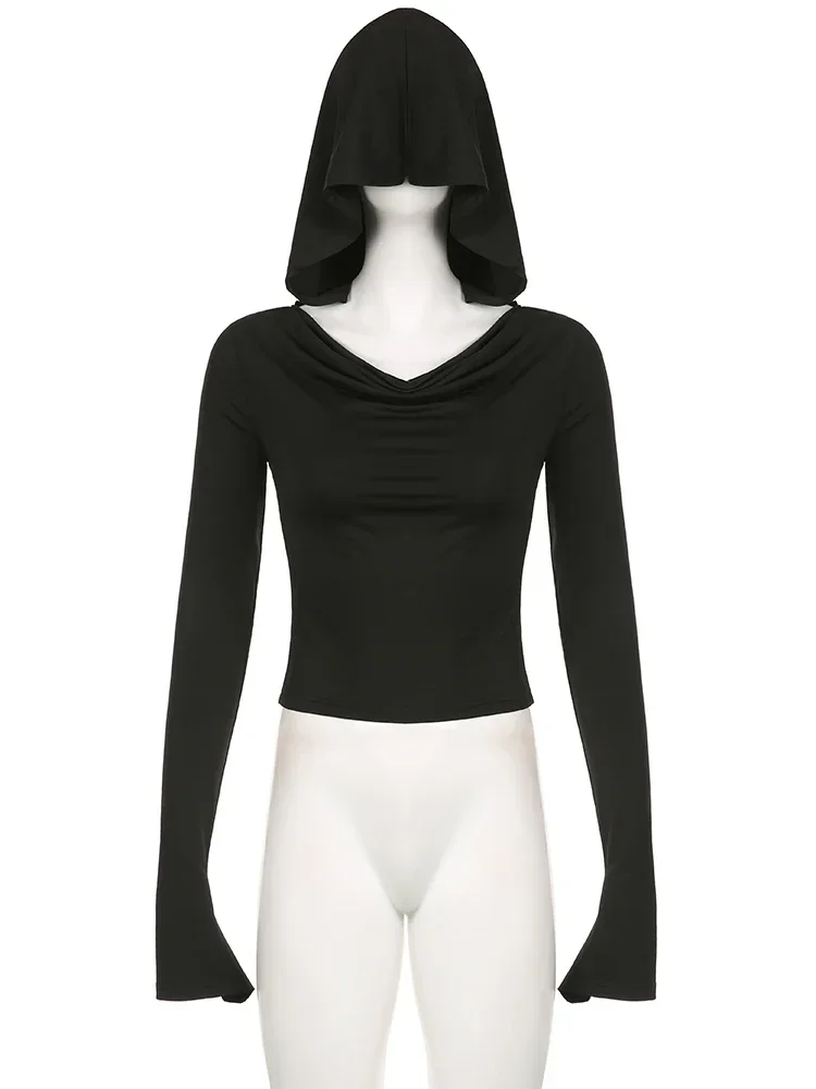 Y2k Fashion Dark Slim Hooded Cropped Alt T Shirt Women Gothic Elegant Solid Slash Neck Long Sleeve Tees Emo 2024 New Streetwear