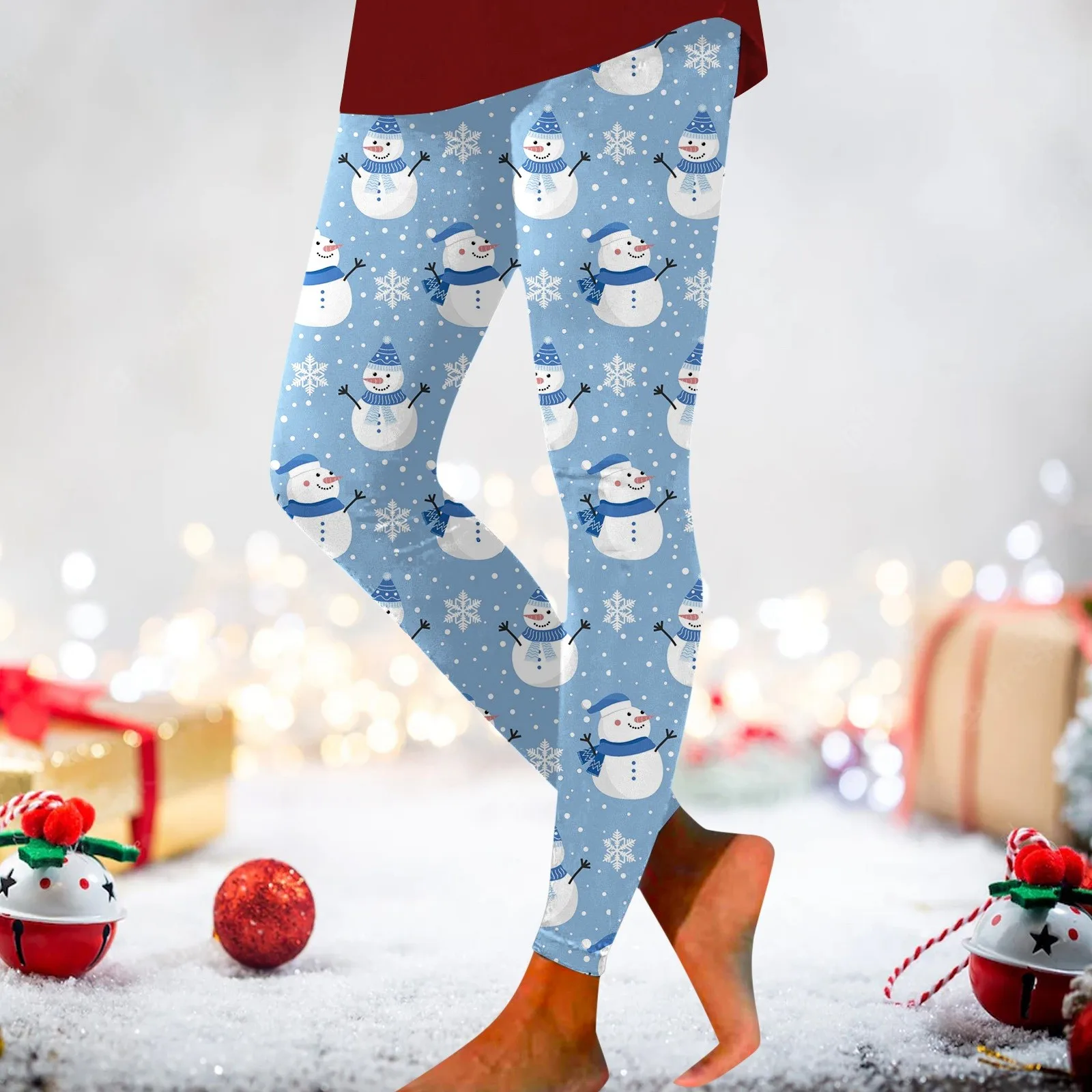 Mallas deportivas para mujer, pantalones de cintura alta con estampado de muñeco de nieve, calzas cálidas de Navidad, novedad de 2024