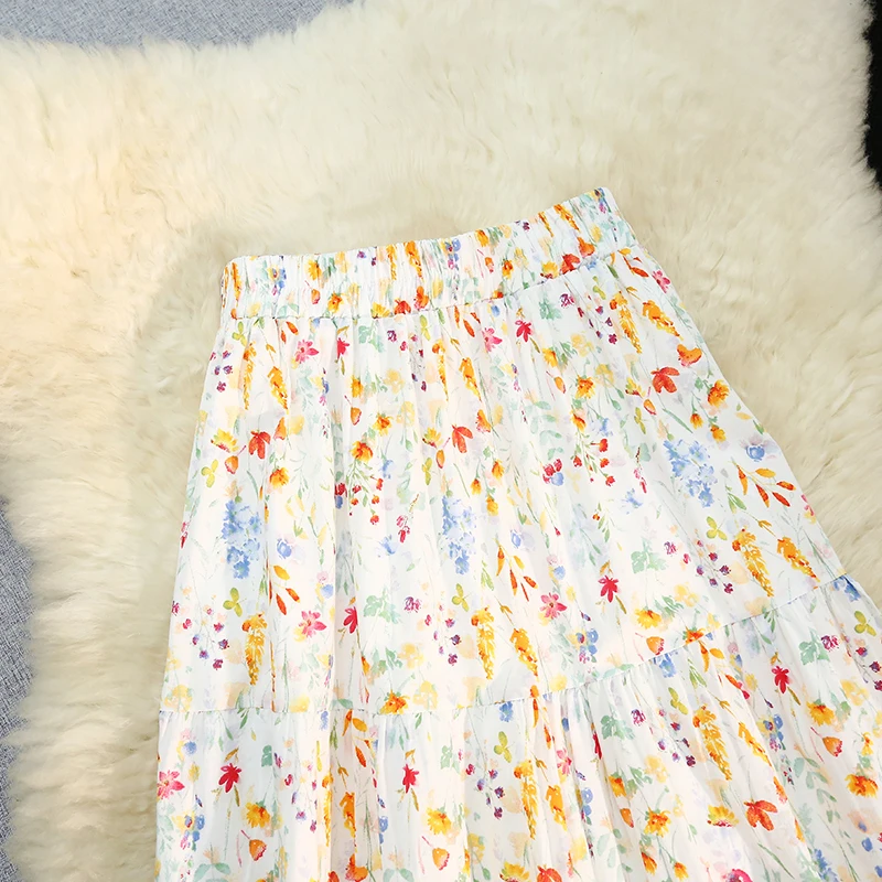 Seoulish Women Sweet Floral Print Ruffle Cake Skirt French Style High Waist A Line Midi Skirt Casual Daily Party Beach Skirt