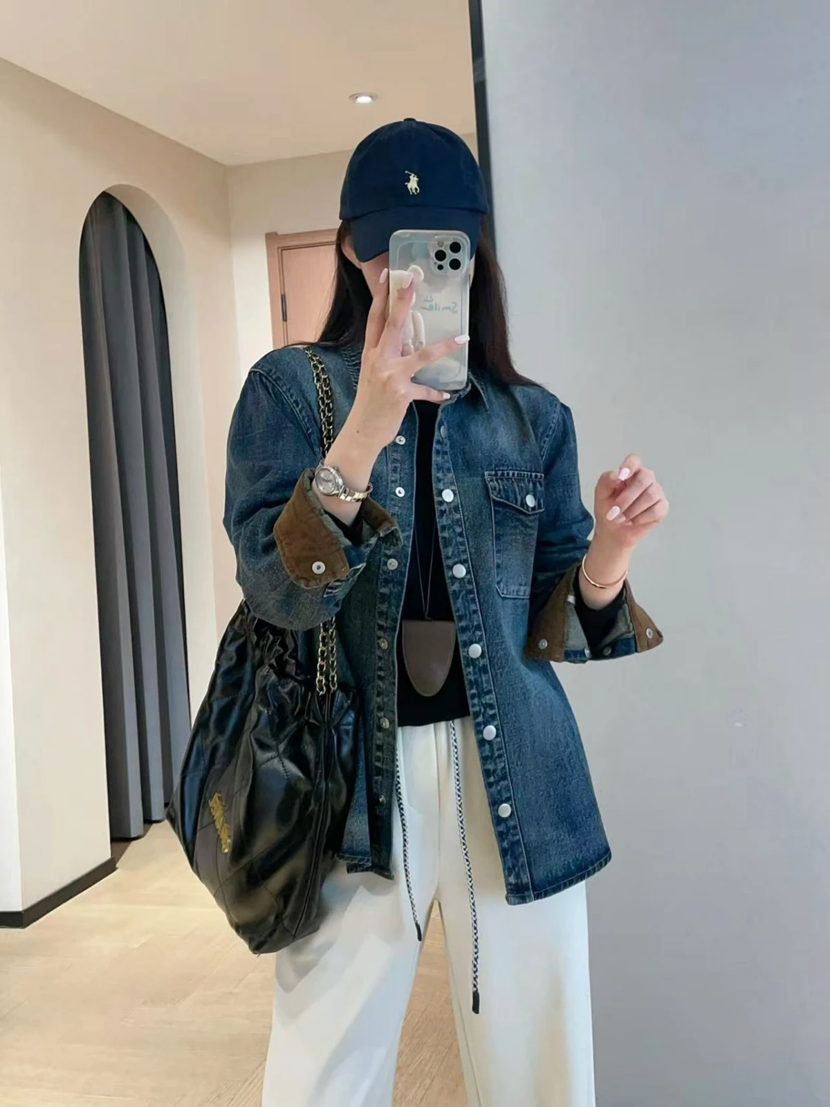 

WTHEONE Винтажная джинсовая куртка-рубашка для женщин, стандартный крой, с длинными рукавами, повседневная, с воротником из вельвета, градиентная расцветка