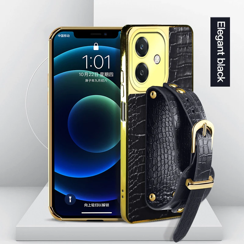 

Wristband Strap Holder Back Cover Cases for OPPO A18 A40m A20 A38 A5 Pro A3x 4G 5G Crocodile Leather Silicone Soft Phone Case