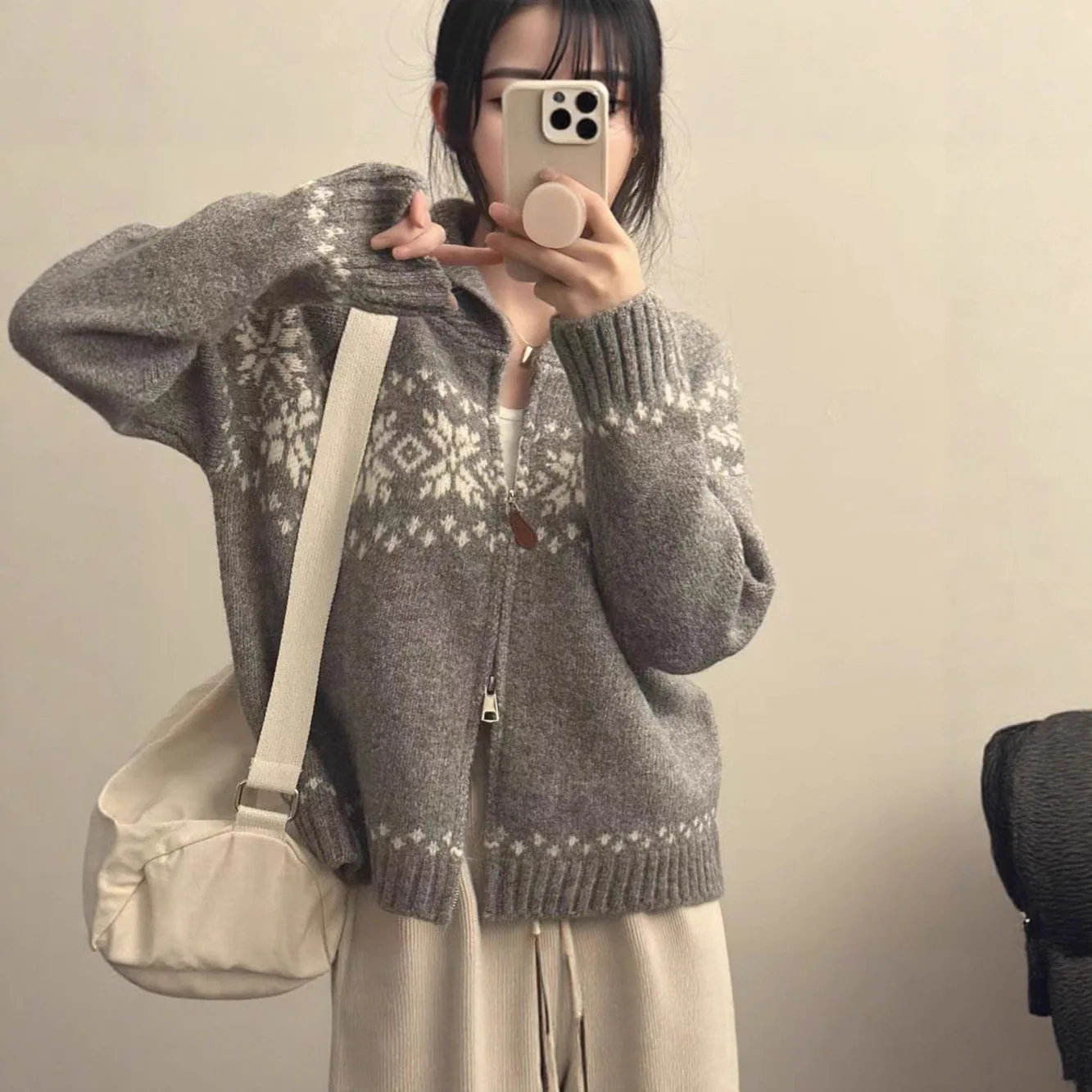 Cardigan jacquard college vintage con doppia cerniera cardigan oversize con risvolto cardigan lavorato a maglia allentato maglione casual da donna accogliente