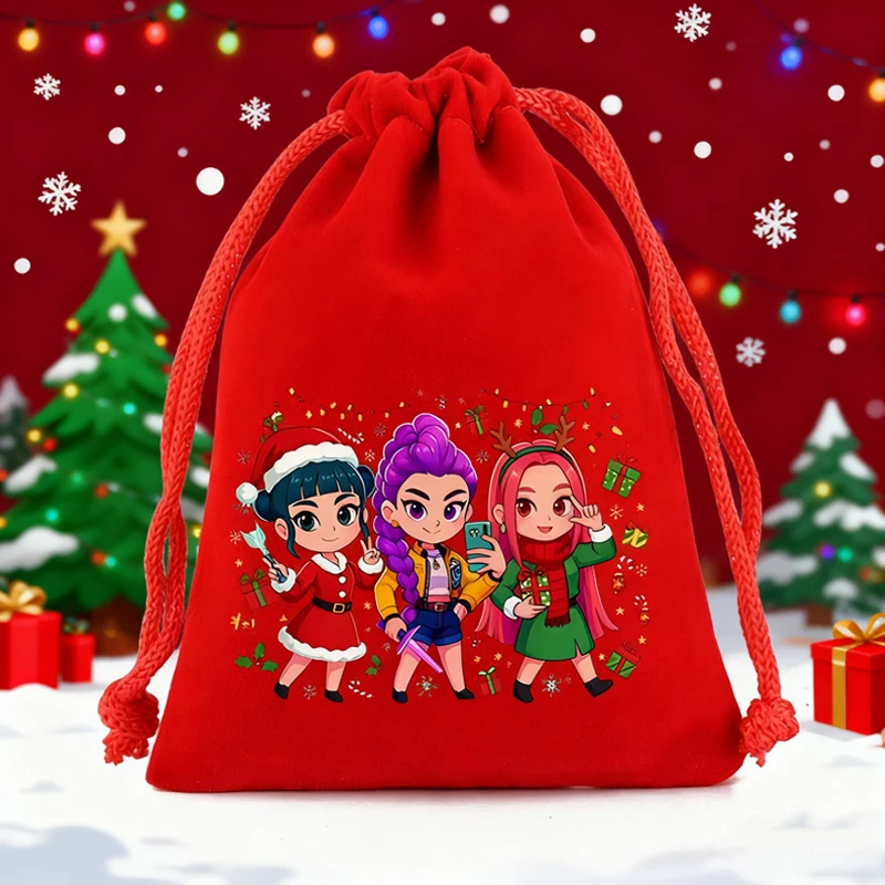 

KPop Demon Hunters Christmas Storage Bag Drawstring Gift Bags Music Girl Party Candy Package Xmas Santa Claus Pouch Kids Gift
