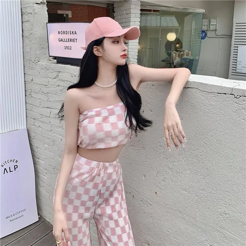 2 Piece Set Women Strapless Crop Top + Wide Leg Pants Suits Female Sexy Outfits For Woman Ins New Summer Fashion Casual Plaid